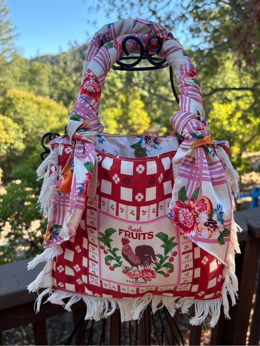 Agua Bendita Storm Basket Mini Fringe Tote Bag in the Red Fruit 🍌 🍉 🍎 Plaid